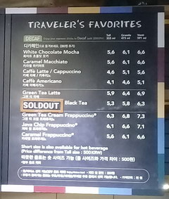 Prices at the Incheon Airport in South Korea, Prices at the coffee shop