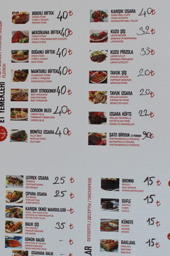 Prices in Turkey in Antalya for food, Cafe and menu in English, main dishes
