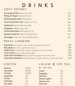 Prices in London in a cafe, Coffee menu