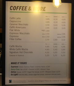 Prices in a cafe in Belgium, Coffee at a coffee shop