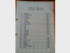 Eating cost in Cambodia, Menu with drinks at a restaurant