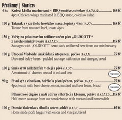 Prices in Prague in an inexpensive restaurant for tourists, snacks and starters