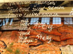 Prices at the market on the waterfront of Helsinki, salmon weak salting