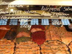 Prices on the market on the waterfront of Helsinki, Various salted salmon