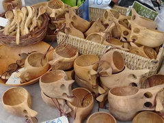 Prices for souvenirs in Helsinki in Finland, wooden mugs