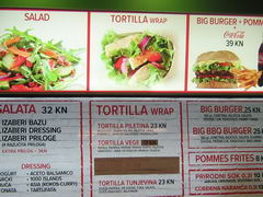 Prices in the cafe Zagreb (Croatia), salads and hamburgers