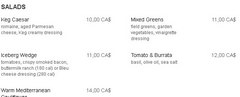 Цены в ресторане в Канадае в Торонто, Салаты