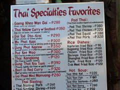 Philippines, Bohol, prices for food in the cafe, Menu Thai cuisine